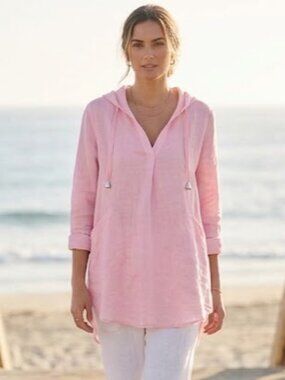 Forcynthia Beachwear Pastel Pink Linen Hooded Tunic Beach Coverup Size L